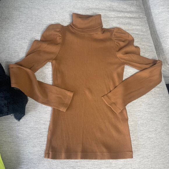 Amo Women's Puff Sleeve Ribbed Turtleneck Top in Sepia Small 100% Cotton Tan - Picture 2 of 5